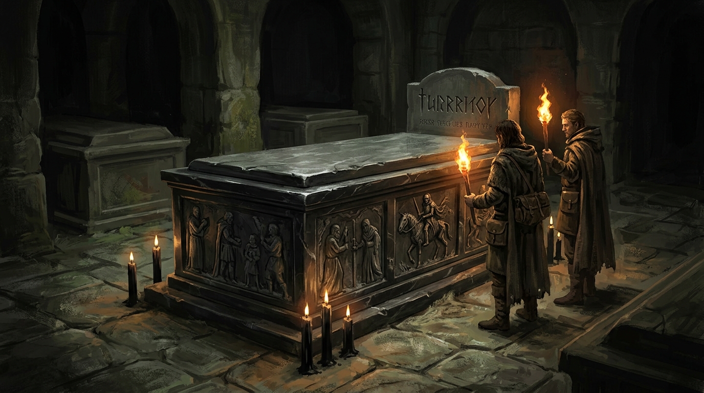 o túmulo de mármore negro cercado de velas negras