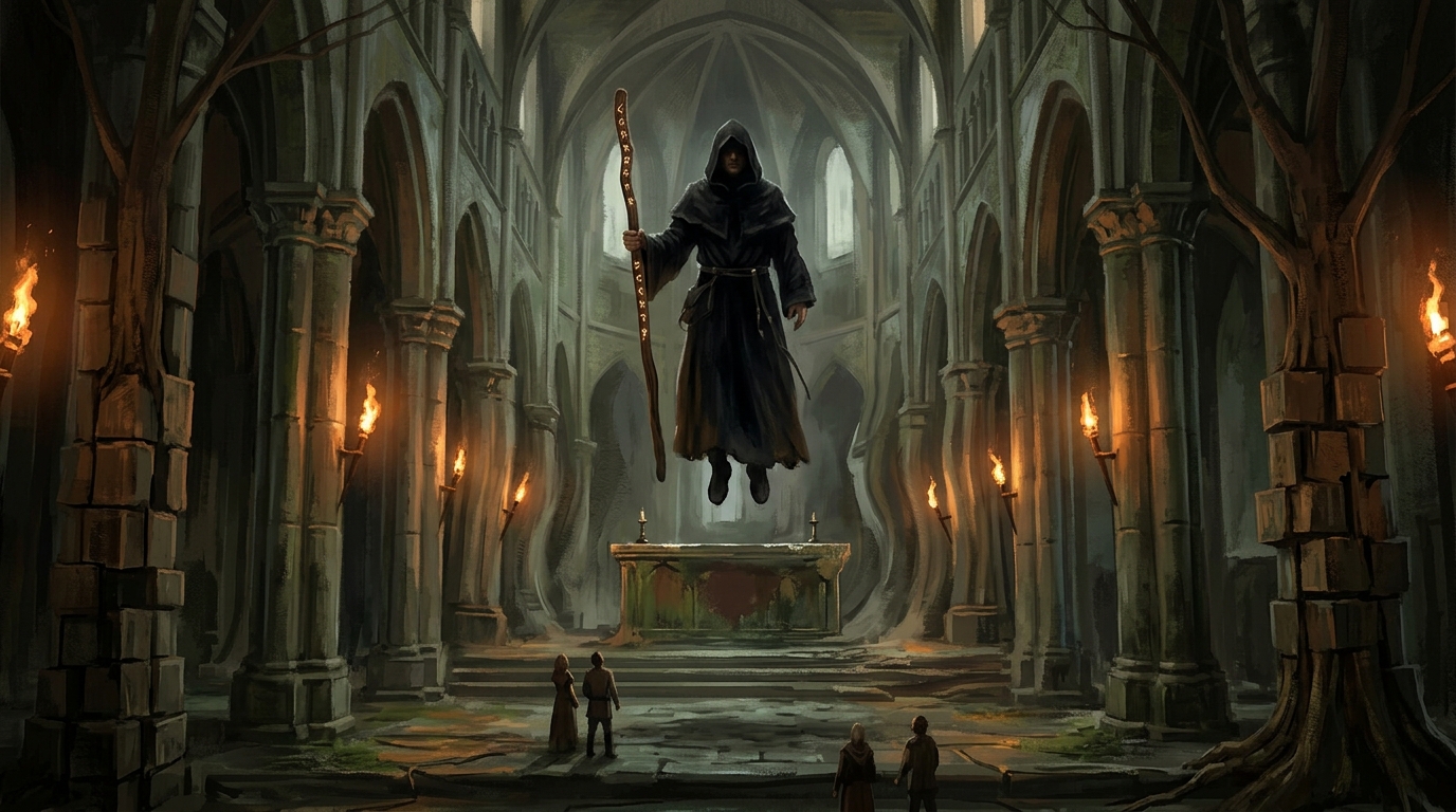 a figura de vestes negras acima do altar da catedral, com um cajado de runas