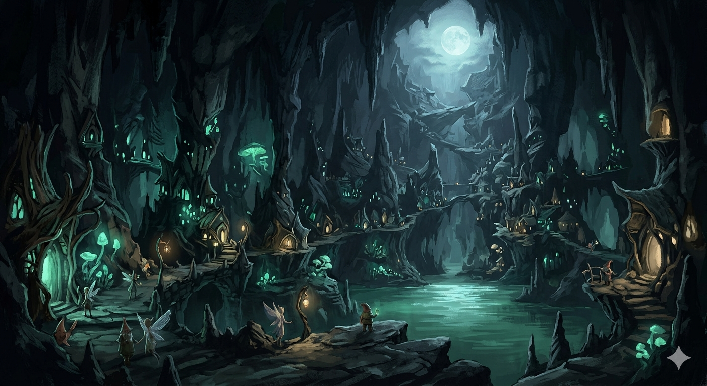 A vila das fadas no subsolo, uma caverna bioluminescente
