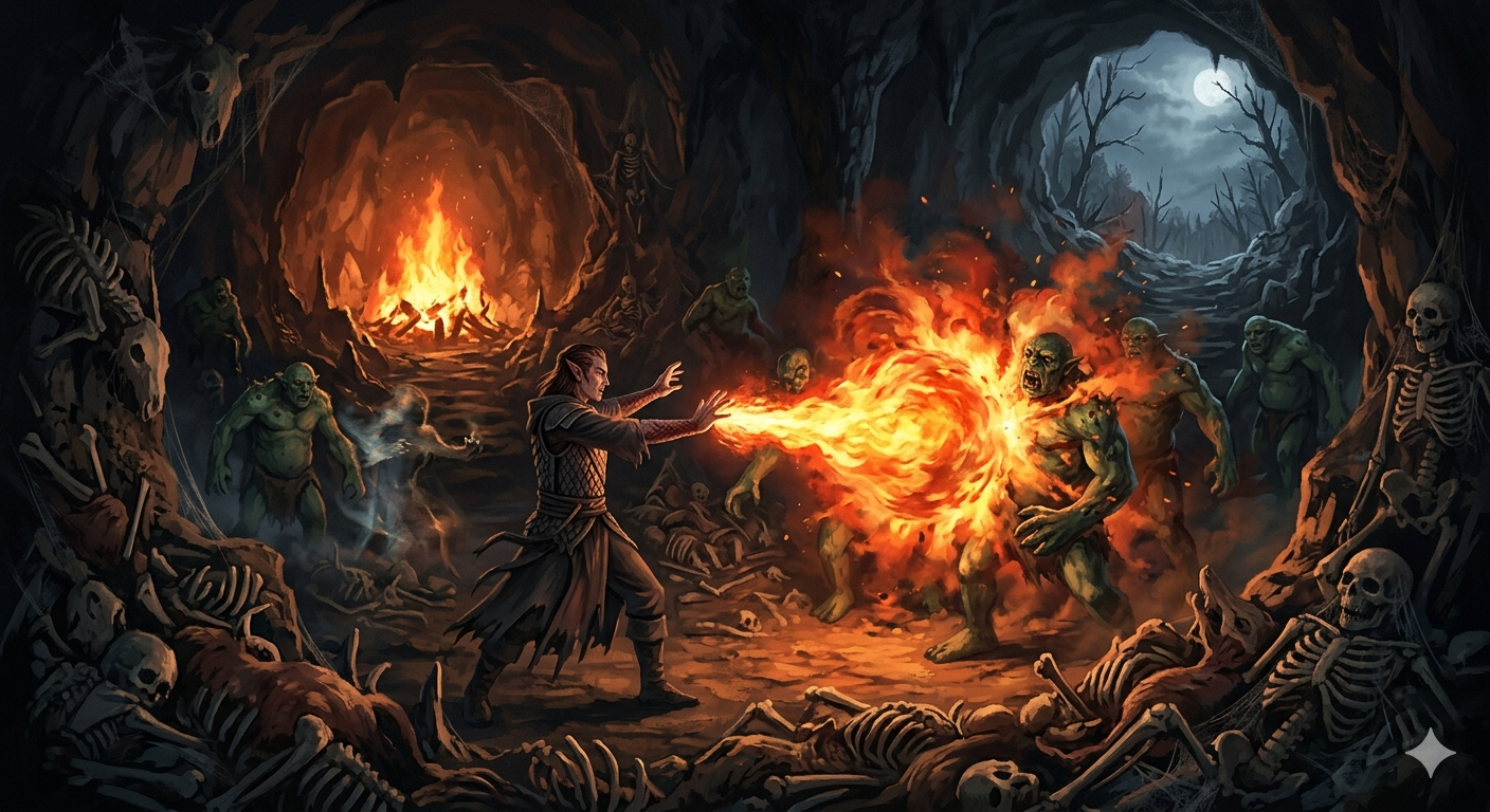 Dariel despejando fogo dentro da caverna dos trolls
