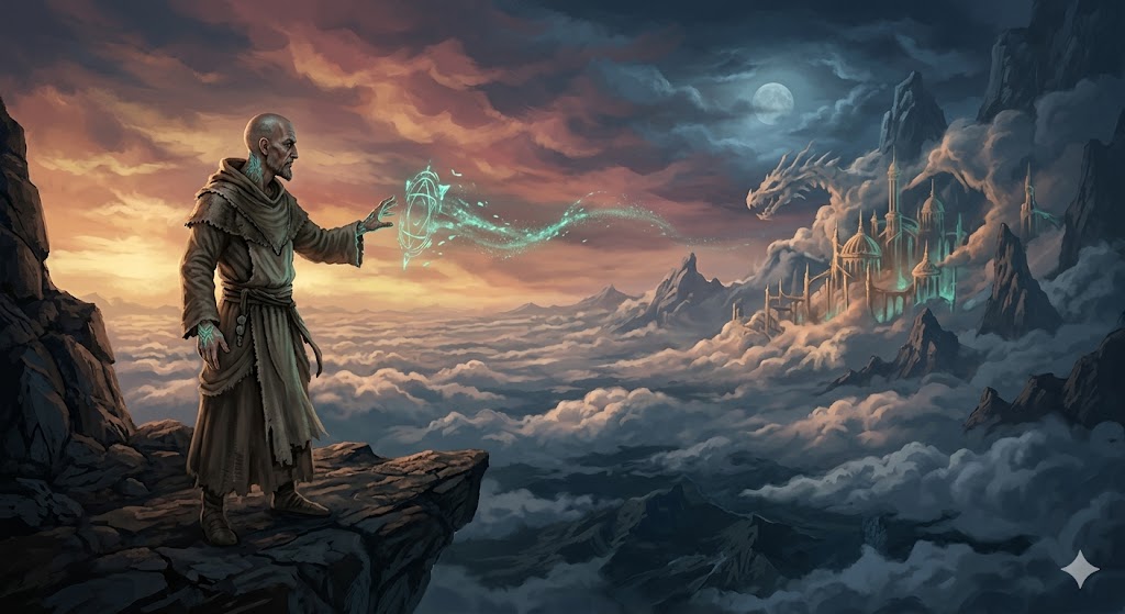 Mordenkainen, arquimago de ar de monge, numa sacada da montanha sobre as nuvens